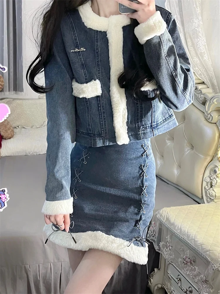 Faux Lamb Hair Women Sets Winter Fashion Patchwork Short Denim Coat and Skirt Street Style Cute Girls Sexy Two Piece Suits
Faux Lamb Hair Women Sets Winter Fashion Patchwork Short Denim Coat and Skirt Street Style Cute Girls Sexy Two Piece Suits
