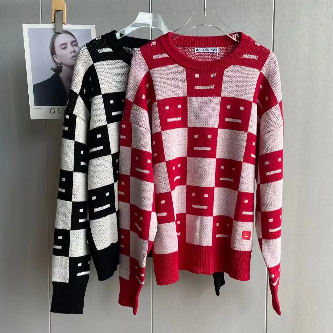 

22ss new AC studios square smiley face sweater acne thick needle design classic logo decorative cuffs wind proof rib sweater