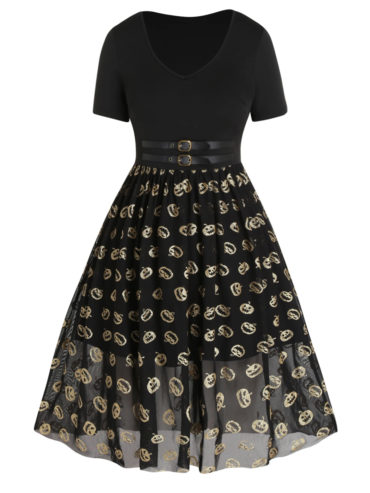 

Black Plus Size Dress Gothic Dress Glitter Pumpkin Print Mesh Overlay Buckle A Line Midi Vestidos De Mujer