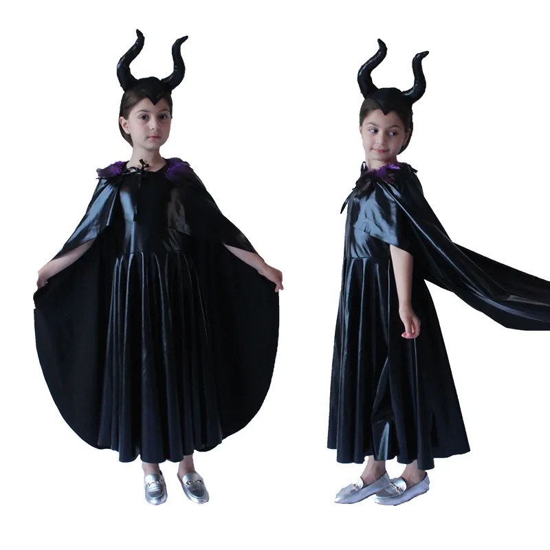 

Kids Halloween Girls Dark Cloak Dress Ox Horn Movie Character Maleficent Children Costume Performance Clothing Suits