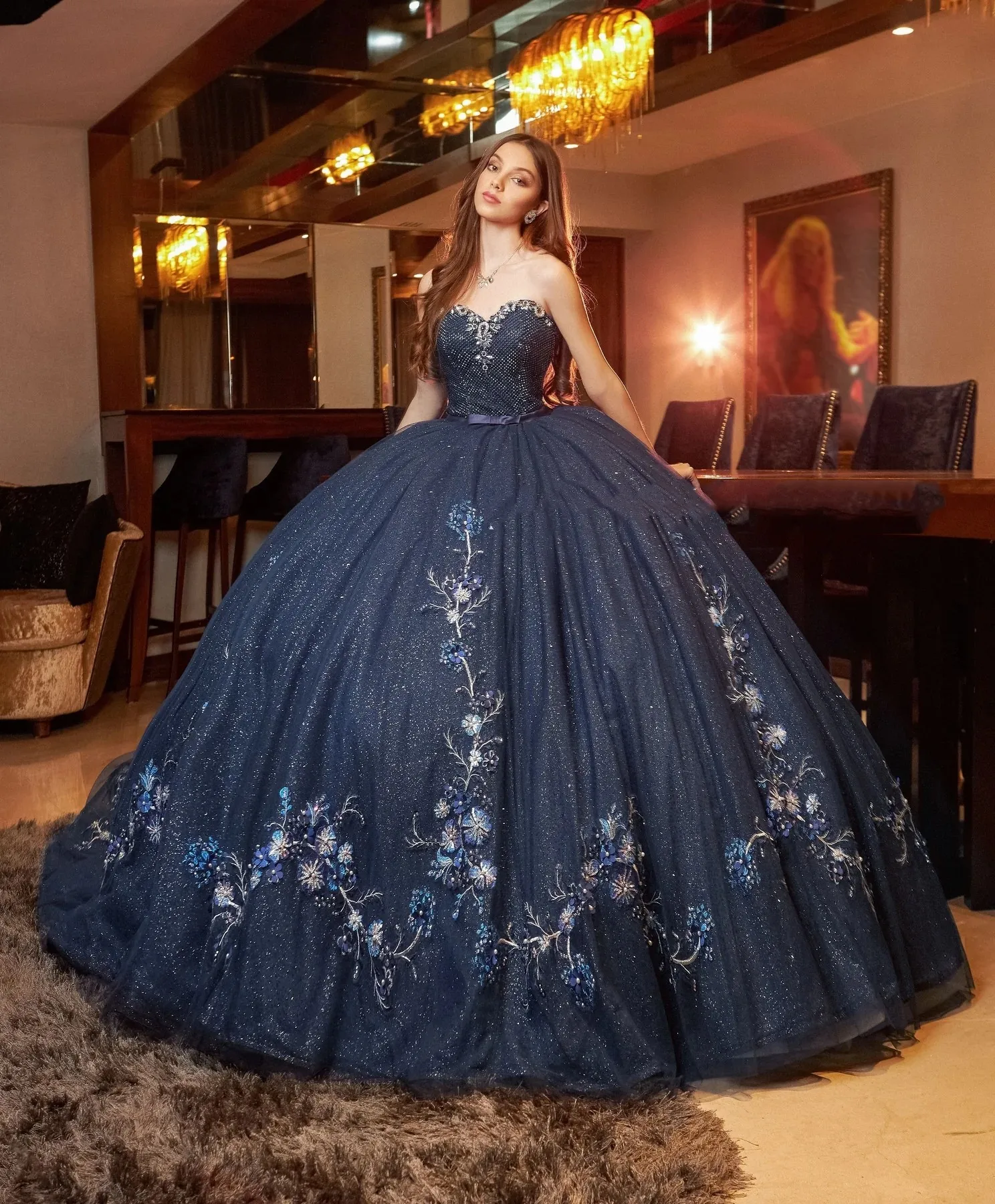 

Темно-синие пышные бальные платья Quinceanera, бальное платье, милое Тюлевое платье с блестками, аппликацией и жемчугом, мексиканские милые платья 16 лет