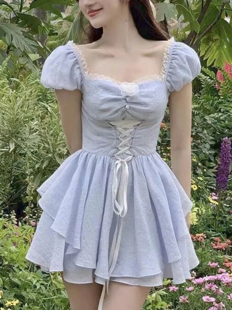 

2023 Summer Fashion Kawaii Party Dress French Elegant Strappy Party Mini Dress Female Ruffle Flounce Korean Bule Sweet Dresses