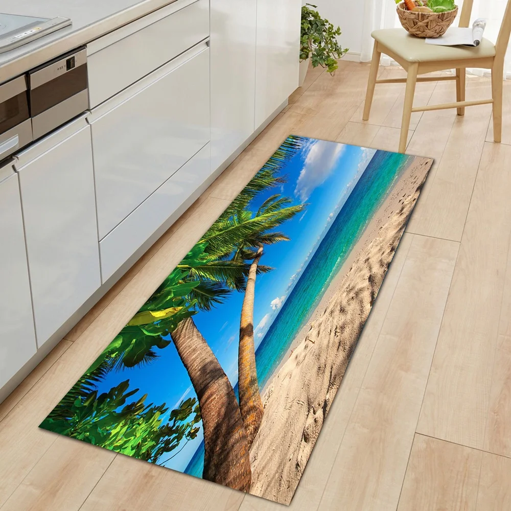 

Tropical Scenery Kitchen Mats Sea Beach Landscape Foot Pads Non-Slip Coconut Trees Bathroom Doormat Indoor Carpet Bath Floor Rug