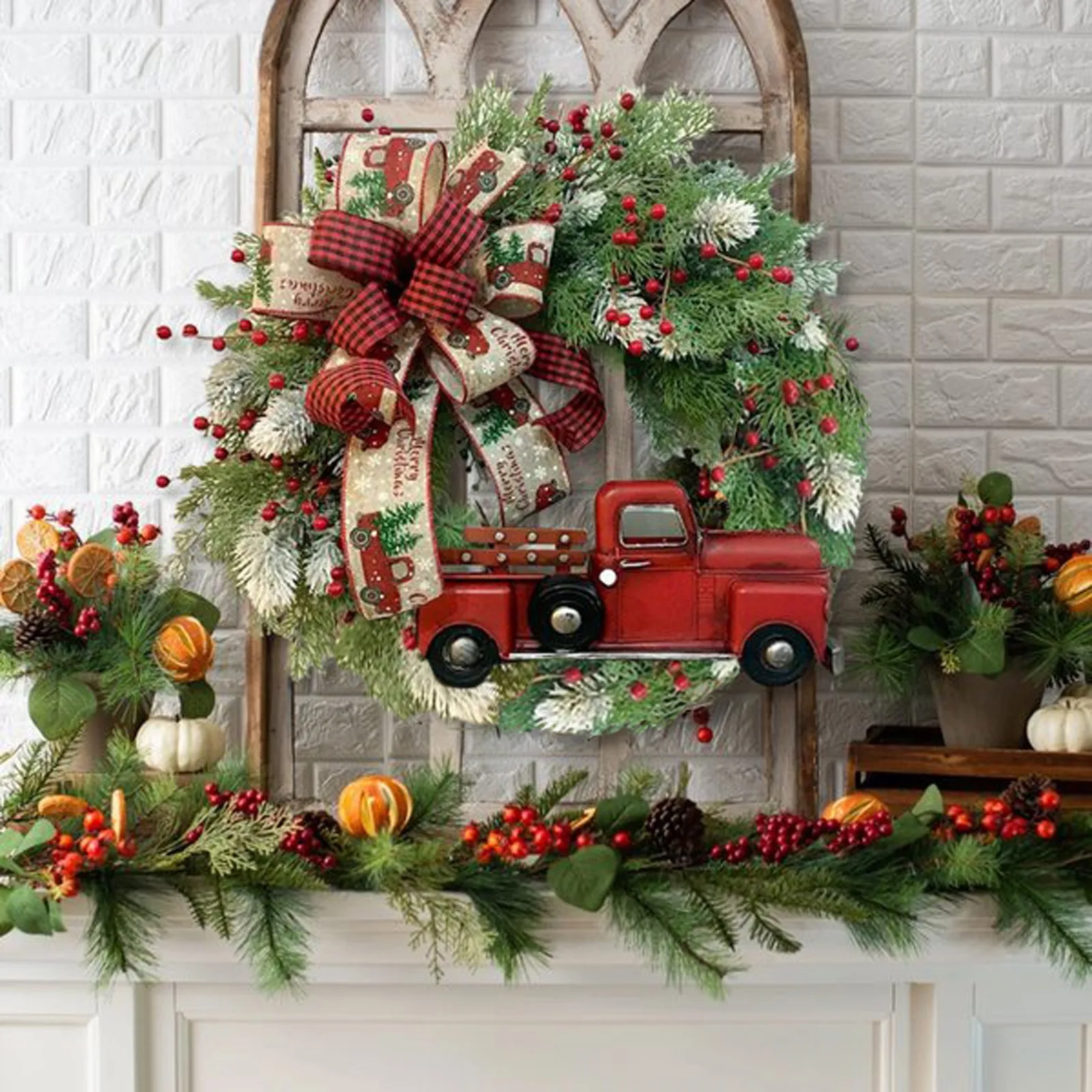 

Рождественский венок, искусственное растение, ротанговый венок для передней двери, красный грузовик, искусственное растение на День Благодарения