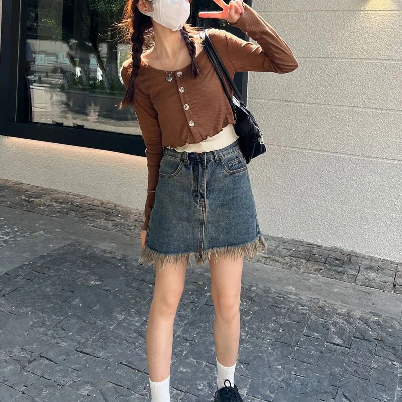 Slim A-Line Denim Skirt with Tassel Elegant High Waist y2k mini skirts korean clothing fashion kawaii jeans summer harajuku goth 
Slim A-Line Denim Skirt with Tassel Elegant High Waist y2k mini skirts korean clothing fashion kawaii jeans summer harajuku goth