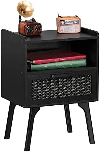 

Rattan Nightstand, Boho Side Table with Drawer Open Shelf, Cane Accent Bedside End Table with Solid Wood Legs for Bedroom, Dorm