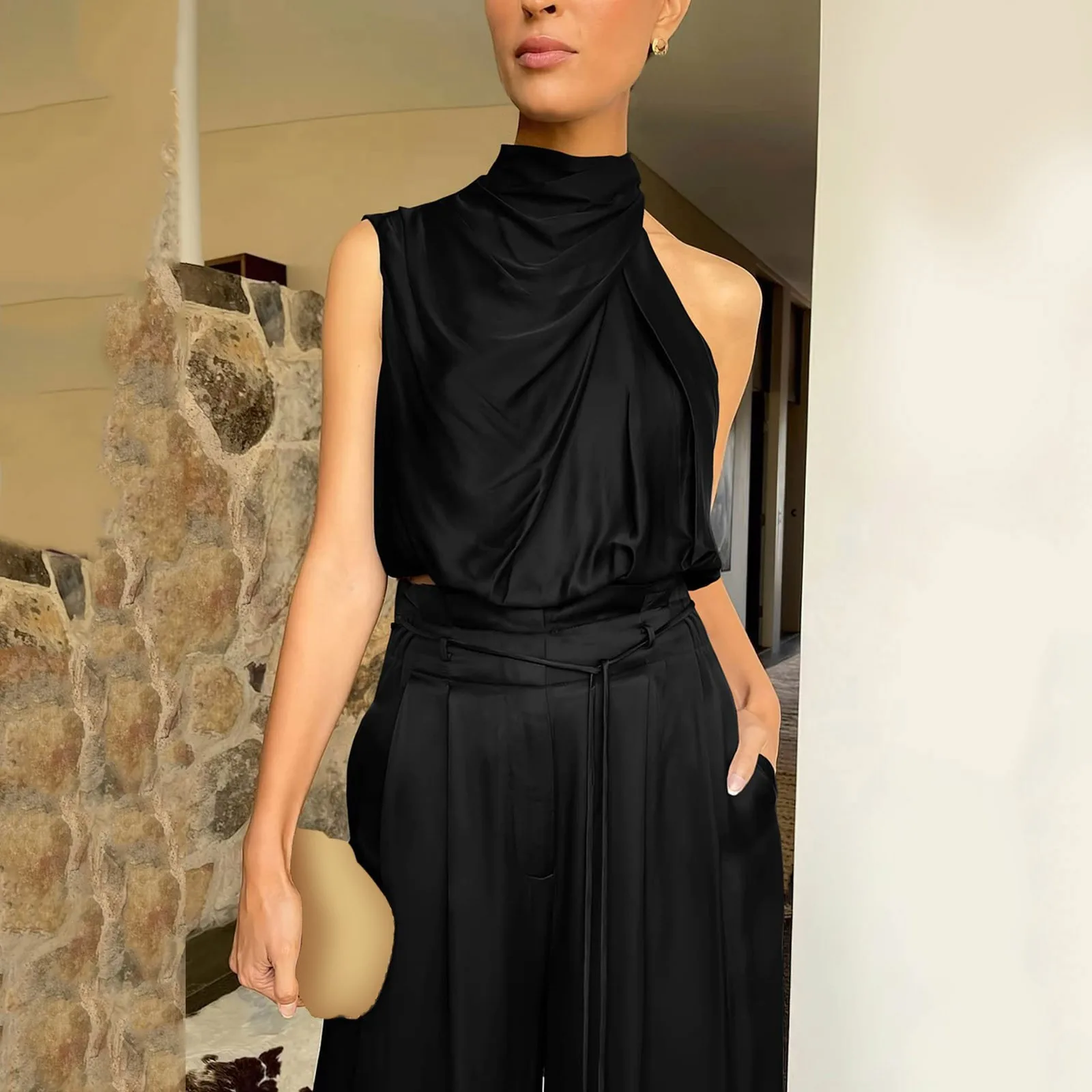 Solid Two Piece Pants Sets Women Outfit Silk Pleated Texture Sleeveless Top Wide Leg Pants Set Summer Matching Sets
Solid Two Piece Pants Sets Women Outfit Silk Pleated Texture Sleeveless Top Wide Leg Pants Set Summer Matching Sets