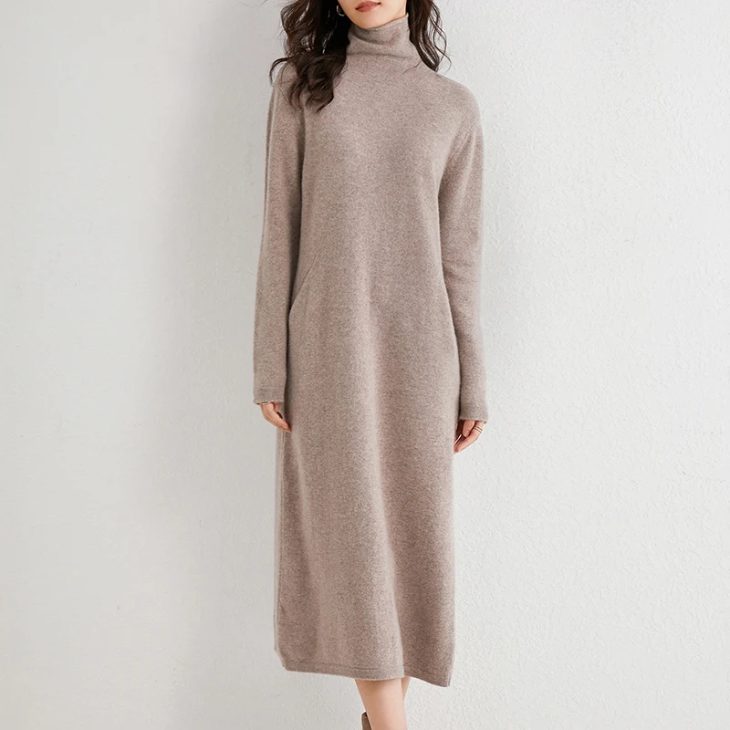 

Women Dress Longer 100% Cashmere and Wool Knitted Jumpers 2020 New Fashion Winter Turtleneck Dresses Female Mid-calf Pullovers