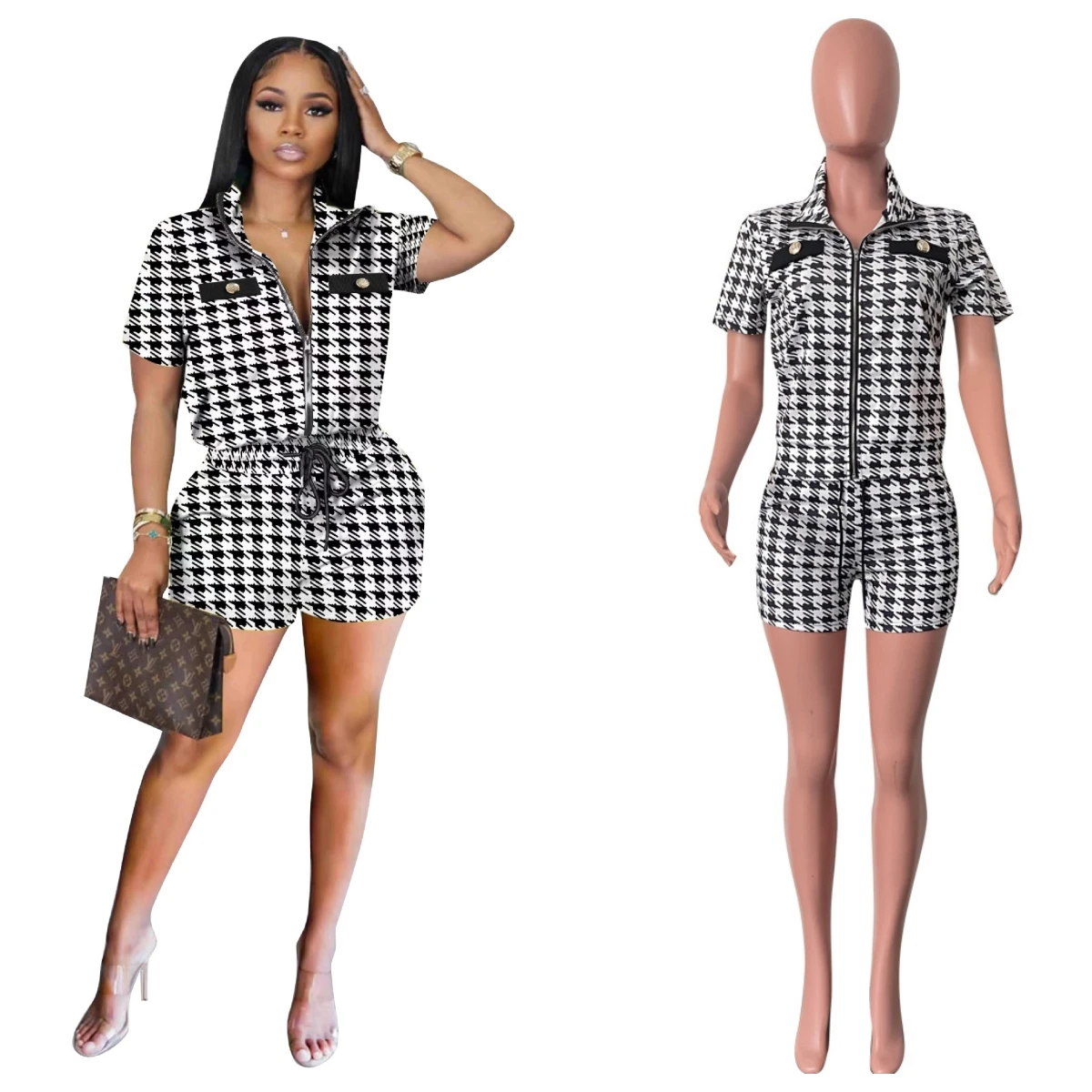 Houndstooth Print 2 Piece Short Pants Set Women Fashion Summer Casual V Neck Short Sleeve Shirt And Lace Up Straight Shorts Sets
Houndstooth Print 2 Piece Short Pants Set Women Fashion Summer Casual V Neck Short Sleeve Shirt And Lace Up Straight Shorts Sets