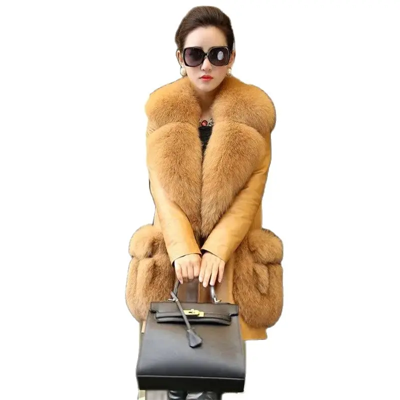 Женский кожаный Тренч средней длины, пальто с воротником из искусственного лисьего меха, верхняя одежда, 2022 
Женский кожаный Тренч средней длины, пальто с воротником из искусственного лисьего меха, верхняя одежда, 2022