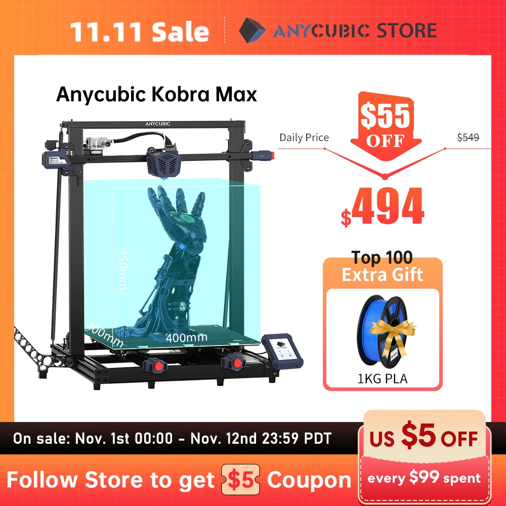 3D-принтер ANYCUBIC KOBRA MAX с автоматическим выравниванием 4 3 дюйма скорость печати