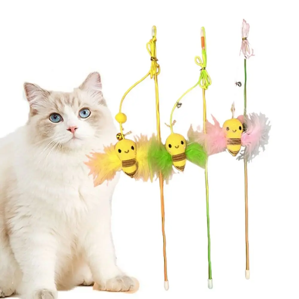 

1Pcs Random Color Cat Teaser Wand Funny Fake Feather Little Bee Design Kitten Teasing Stick Cat Wand Interactive Pet Toy