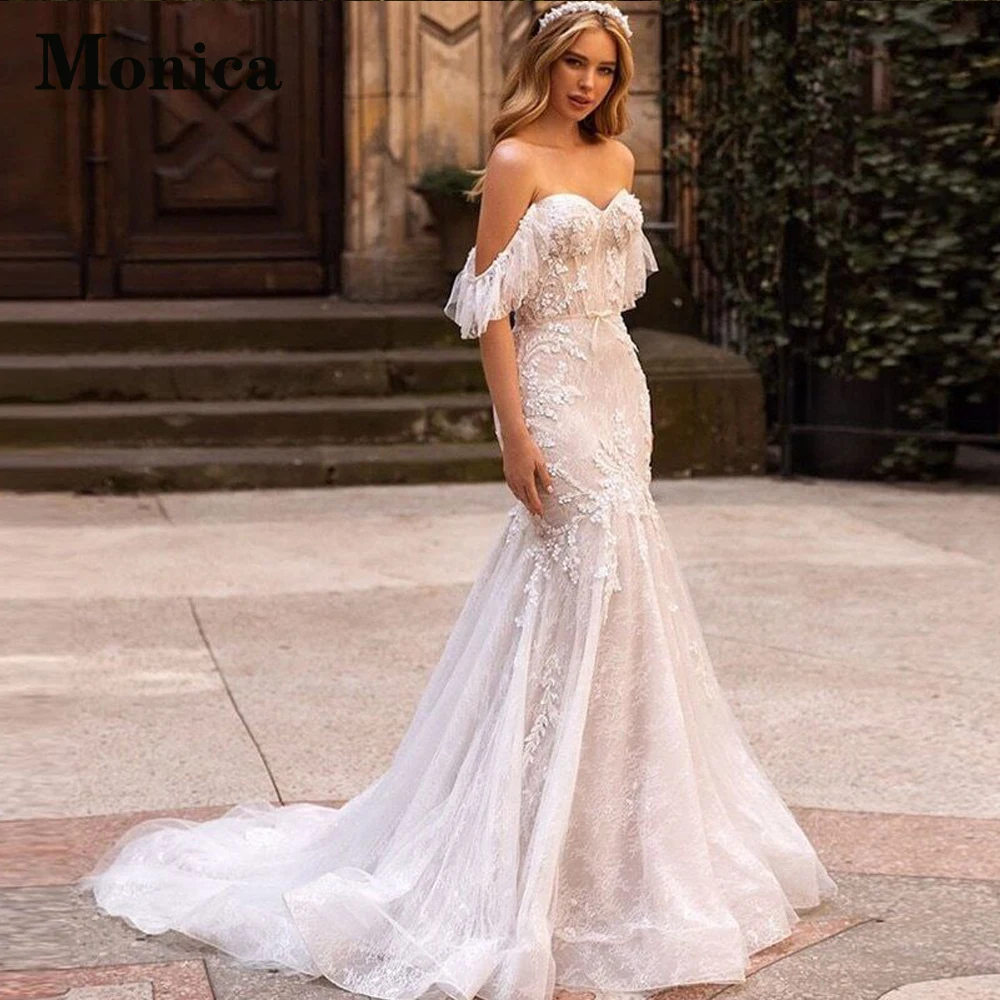 

MONICA Mermaid Stylish Wedding Dresses For Women Sweetheart Tulle Off The Shoulder Appliques Court Train Vestidos De Novia