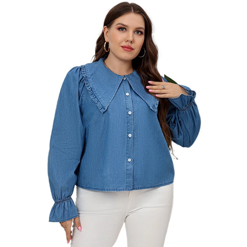 Plus Size Denim Shirts Women 2022 Ruffles Peter Pan Collar Lantern Sleeve Fashion Blouse Spring Long Sleeves Button Lady Shirt
Plus Size Denim Shirts Women 2022 Ruffles Peter Pan Collar Lantern Sleeve Fashion Blouse Spring Long Sleeves Button Lady Shirt