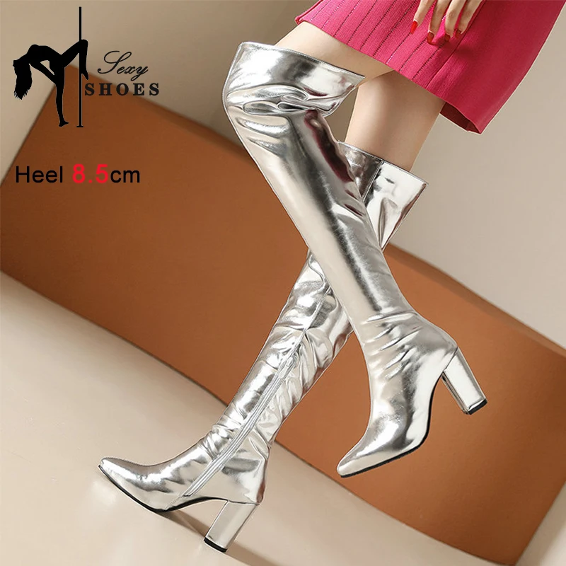 2023 Square High Heel Thigh Boots Gold Silver Shiny Lacquer Leather Women's High Boots Thick Heel Large Size 45 46 Shoes Booties
2023 Square High Heel Thigh Boots Gold Silver Shiny Lacquer Leather Women's High Boots Thick Heel Large Size 45 46 Shoes Booties