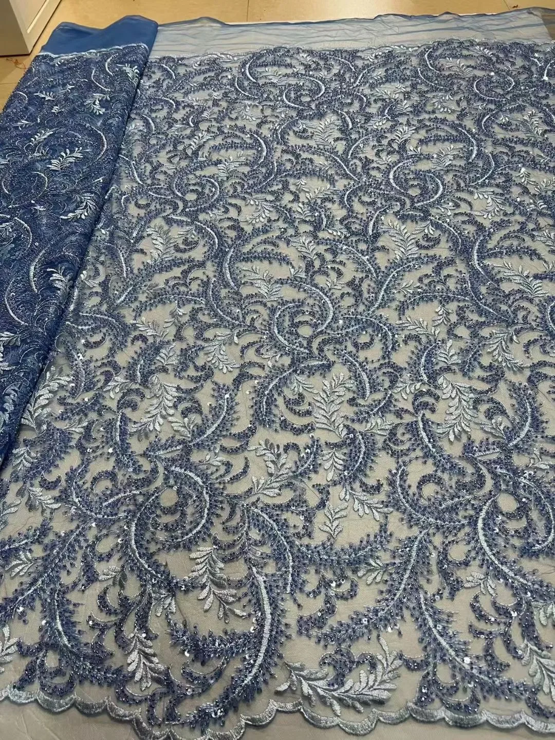 

Небесно-голубая французская роскошная кружевная ткань с блестками 2023, африканская Высококачественная тяжелая ткань ручной работы из бисера и тюля для свадебных платьев, шитье