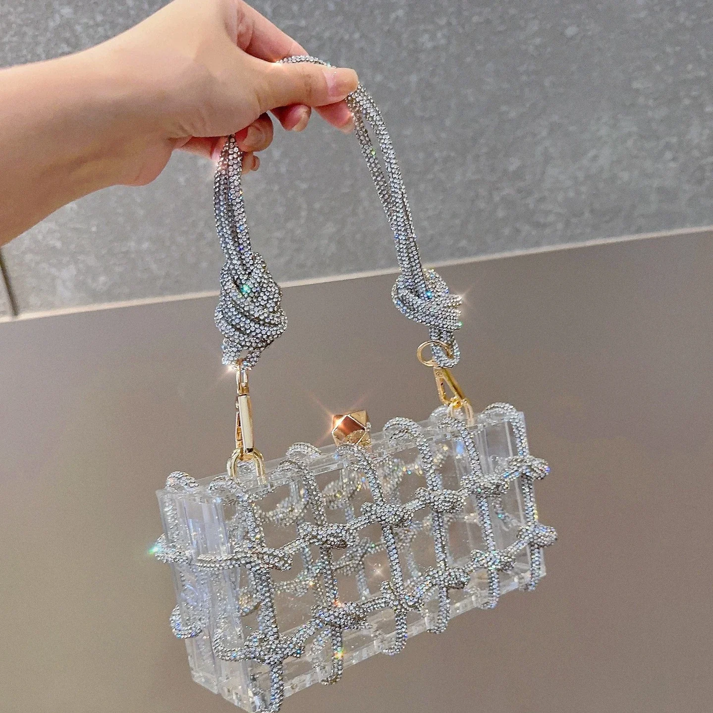 

Rhinestone Purse Handbags Diamond Clear Acrylic Box Evening Clutch Bags Women Boutique Woven Knotted Rope Wedding Party Ins