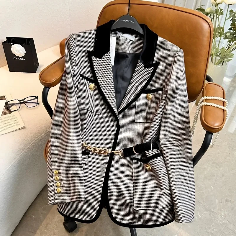 

Fashion Niche Design Sense Retro Thousand Bird Lattice Suit Woman 2023 Spring Autumn New Piece Receive Waist Appear Thin Blazer