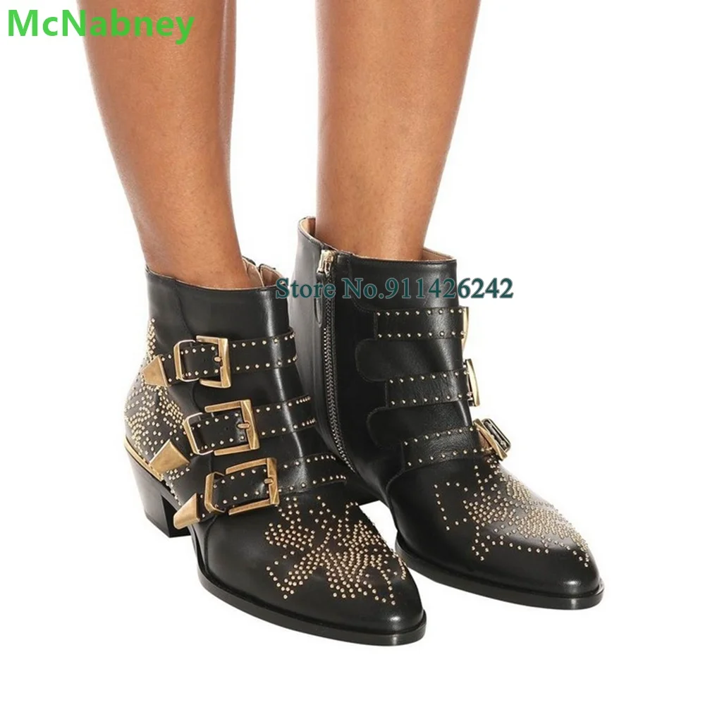 Buckle Design Chunky Heel Short Boots For Female Women Rivet Side Zipper Round Toe Solid Handamde Real Leather Fashion Shoes
Buckle Design Chunky Heel Short Boots For Female Women Rivet Side Zipper Round Toe Solid Handamde Real Leather Fashion Shoes