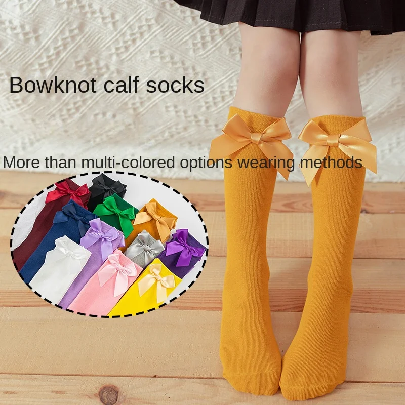

3-12Y GIRLs Candy Color Bowknot Socks Child Cotton Long Stockings Baby Girls Warm Multicolor Spring Over Knee High Socks
