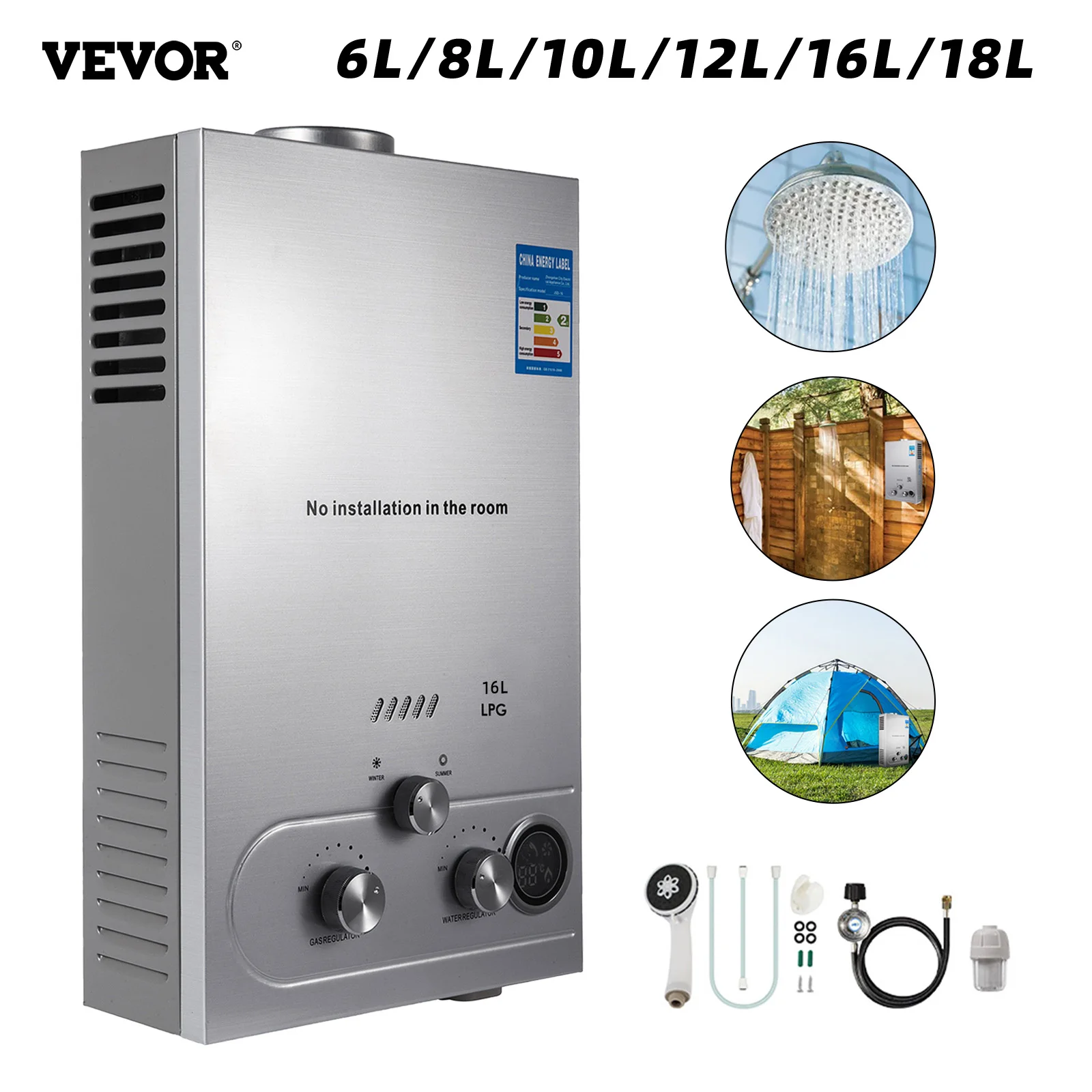 VEVOR 6/8/10/12/16/18L Instant Hot Water Heater Liquefied Petroleum Gas Tankless Instant Boiler with Shower Head and LCD Display
VEVOR 6/8/10/12/16/18L Instant Hot Water Heater Liquefied Petroleum Gas Tankless Instant Boiler with Shower Head and LCD Display
