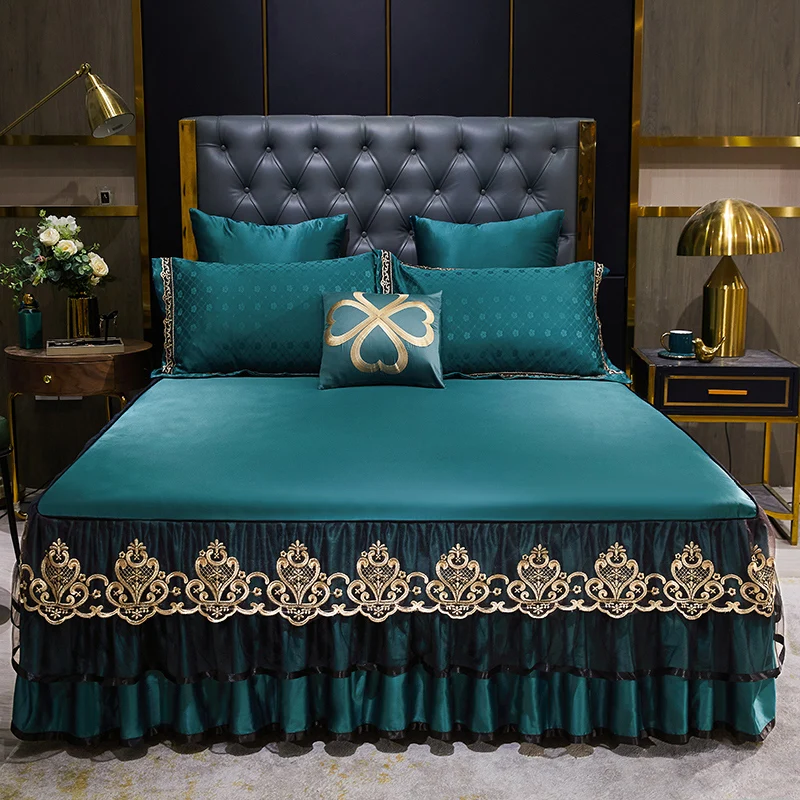 

Luxury Jacquard Satin Bed Skirt Soft Sheets Bedding for Home Hotel Lace Ruffle Wrap Around Bed Easy Fit Bedspread Mattress Cover