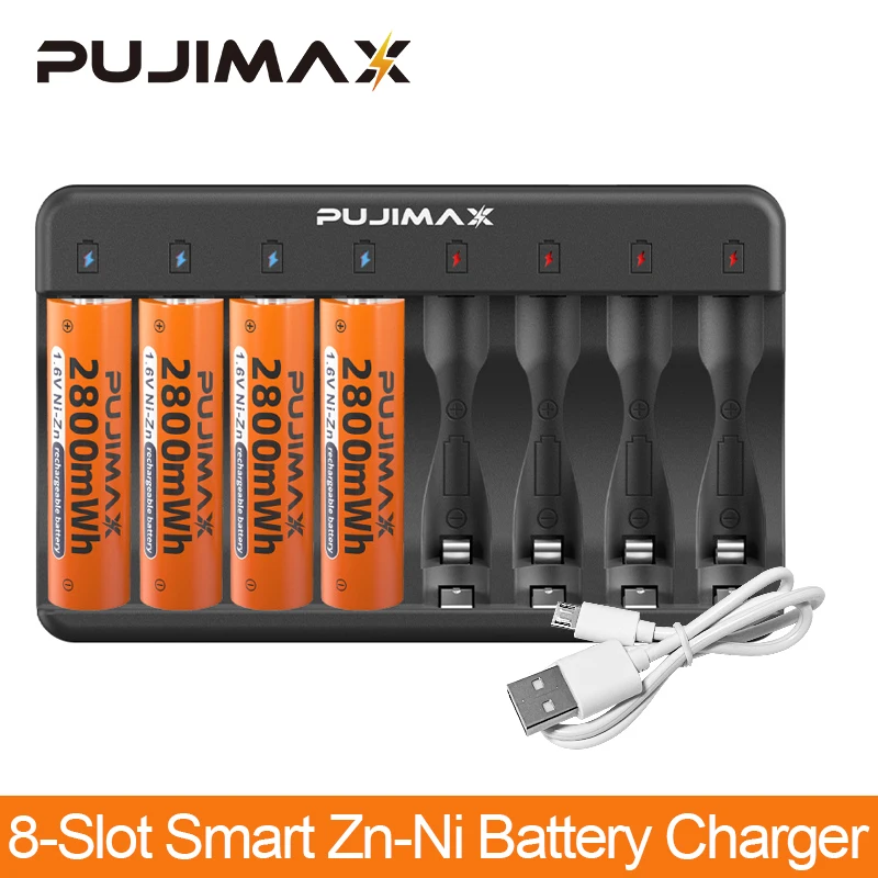 

PUJIMAX New 8-Slot Ni-Zn Battery Charger With LED Indicator+4Pcs AA 1.6V 2800mWh Rechargeable Ni-Zn Battery For Flashlights Toys