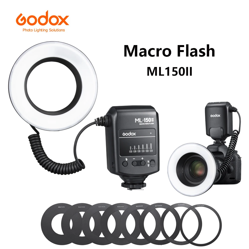 

Godox ML-150II Universal Macro Ring Flash Light Adjustable Brightness GN12 Fast Recycle 8*Rings for Canon Nikon Sony DSLR Camera