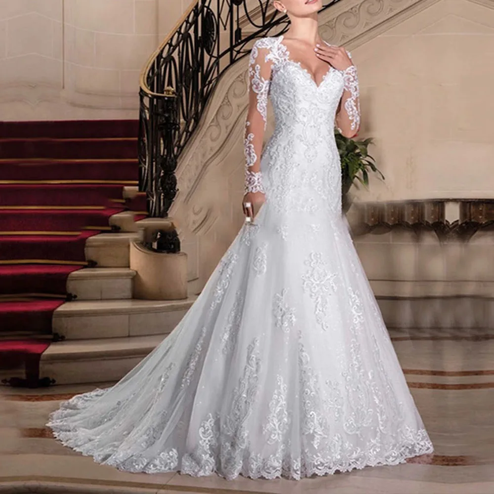 Women's Mermaid Wedding dress long sleeve Lace beading princess Wedding Dress plus size bride dress robe de mariee
Women's Mermaid Wedding dress long sleeve Lace beading princess Wedding Dress plus size bride dress robe de mariee