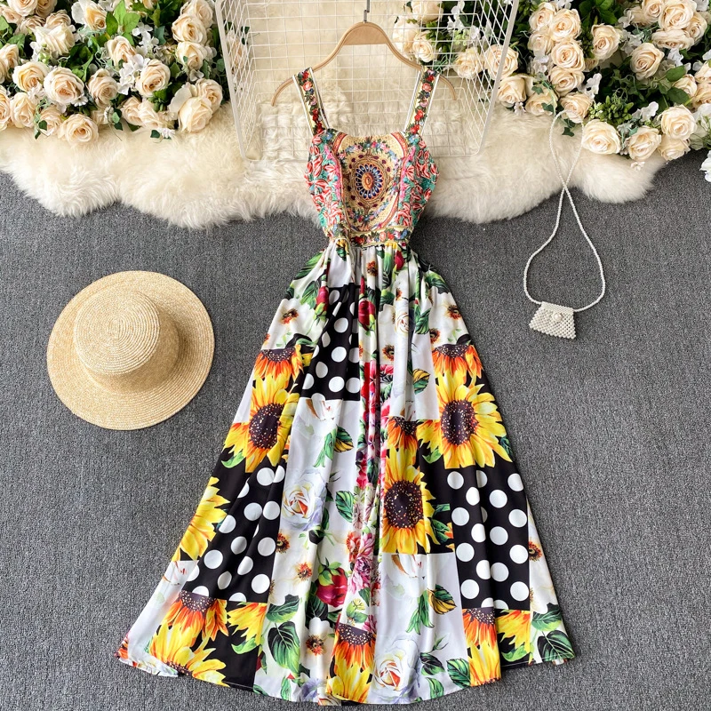 2022 Summer Runway Spaghetti Strap Dress Women Floral Printed Beach Dress Female Vacation Long Pleated Dresses
2022 Summer Runway Spaghetti Strap Dress Women Floral Printed Beach Dress Female Vacation Long Pleated Dresses