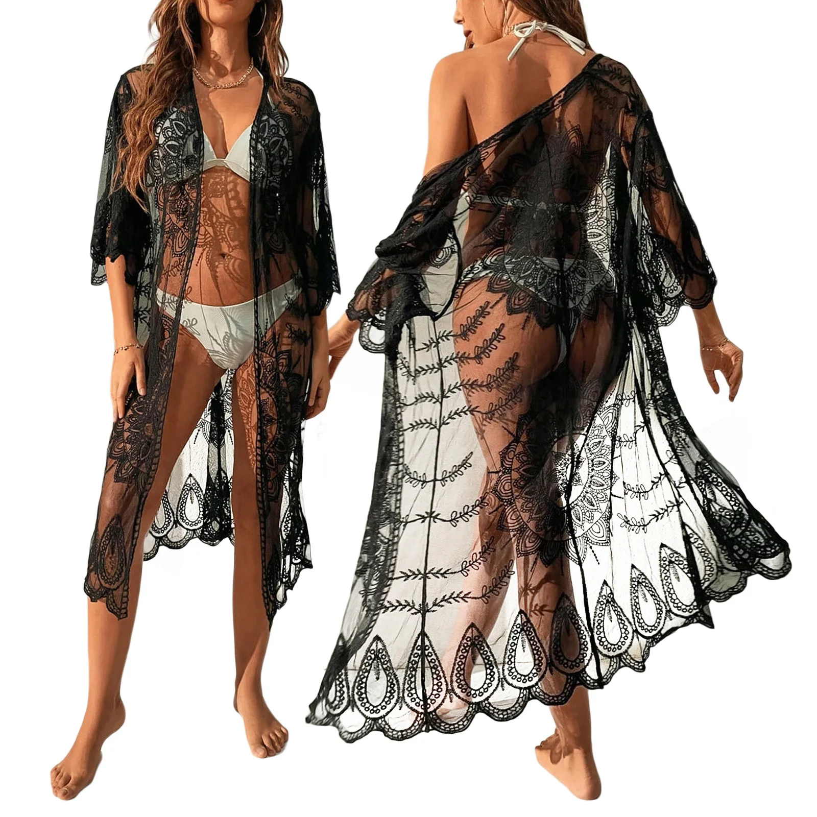 

Women Lace Cardigan Bikini Cover-Ups Floral Crochet Sheer Beach Long Open Front Kimono Swimwear Sunscreen Clothes