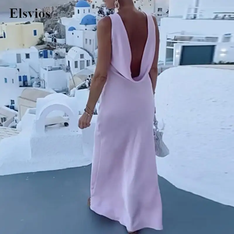 Ladies Elegant Ruched Backless Evening Party Dress Solid Fashion Women O Neck Slim Long Dress Sexy Sleeveless Pink Satin Dresses
Ladies Elegant Ruched Backless Evening Party Dress Solid Fashion Women O Neck Slim Long Dress Sexy Sleeveless Pink Satin Dresses