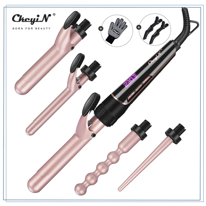 

CkeyiN Professional 5 in 1 Ceramic Hair Curler Curling Iron Wand Set with Interchangeable Barrels and Heat Resistant Glove