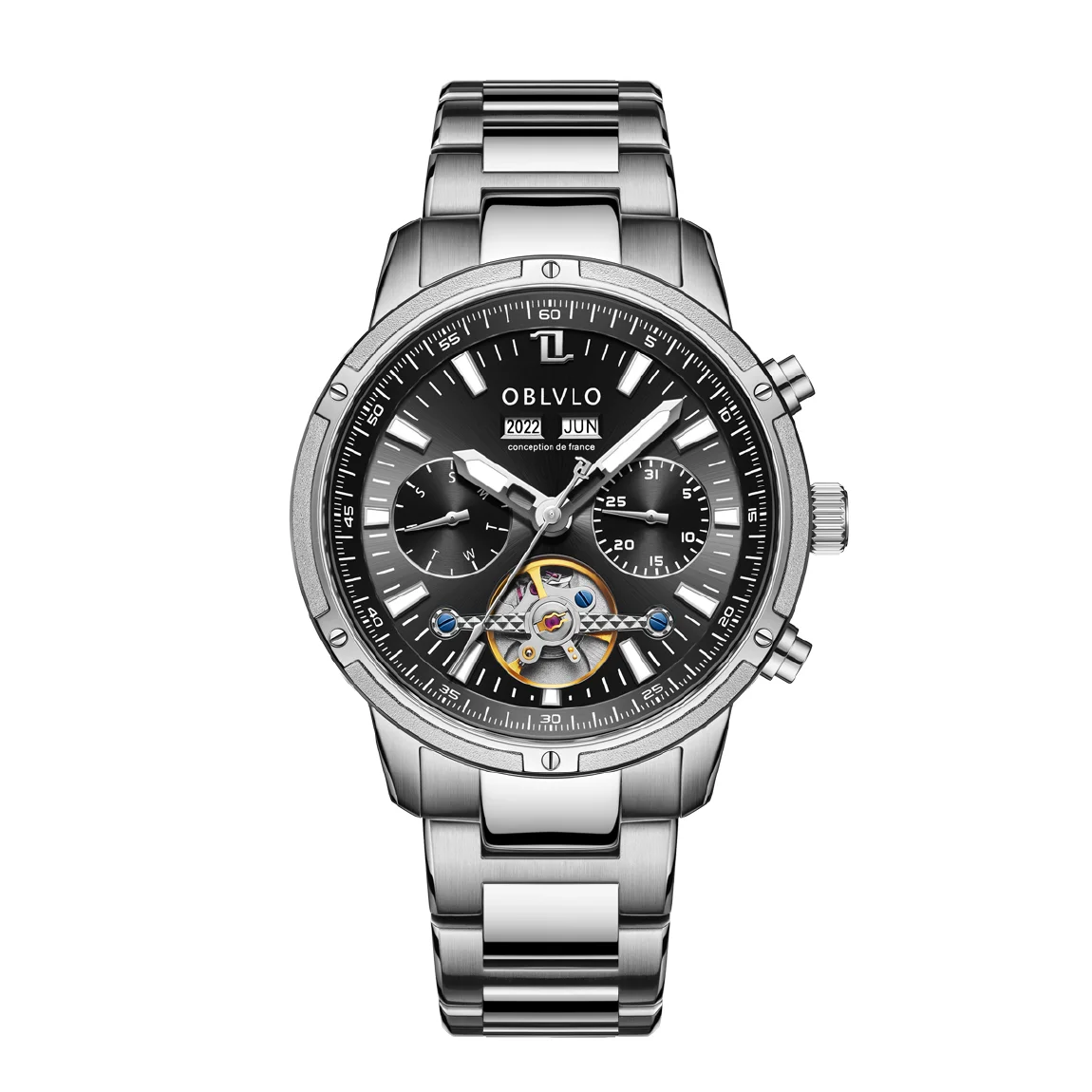 OBLVLO Business Men Automatic Watch Mechanical Tourbillon Luminous Stainless Steel Strap Sapphire Year Calendar Week Clock CM-T
OBLVLO Business Men Automatic Watch Mechanical Tourbillon Luminous Stainless Steel Strap Sapphire Year Calendar Week Clock CM-T