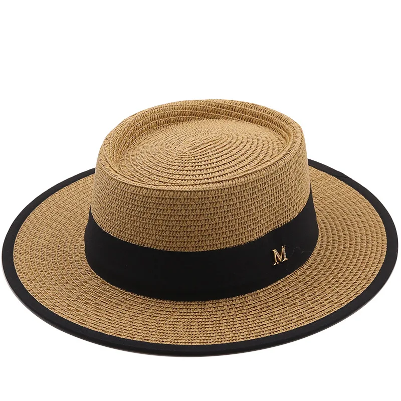 

summer sun hat ladies fashion girl straw hat ribbon bow beach hat casual grass flat top panama hat bone womens visor cap