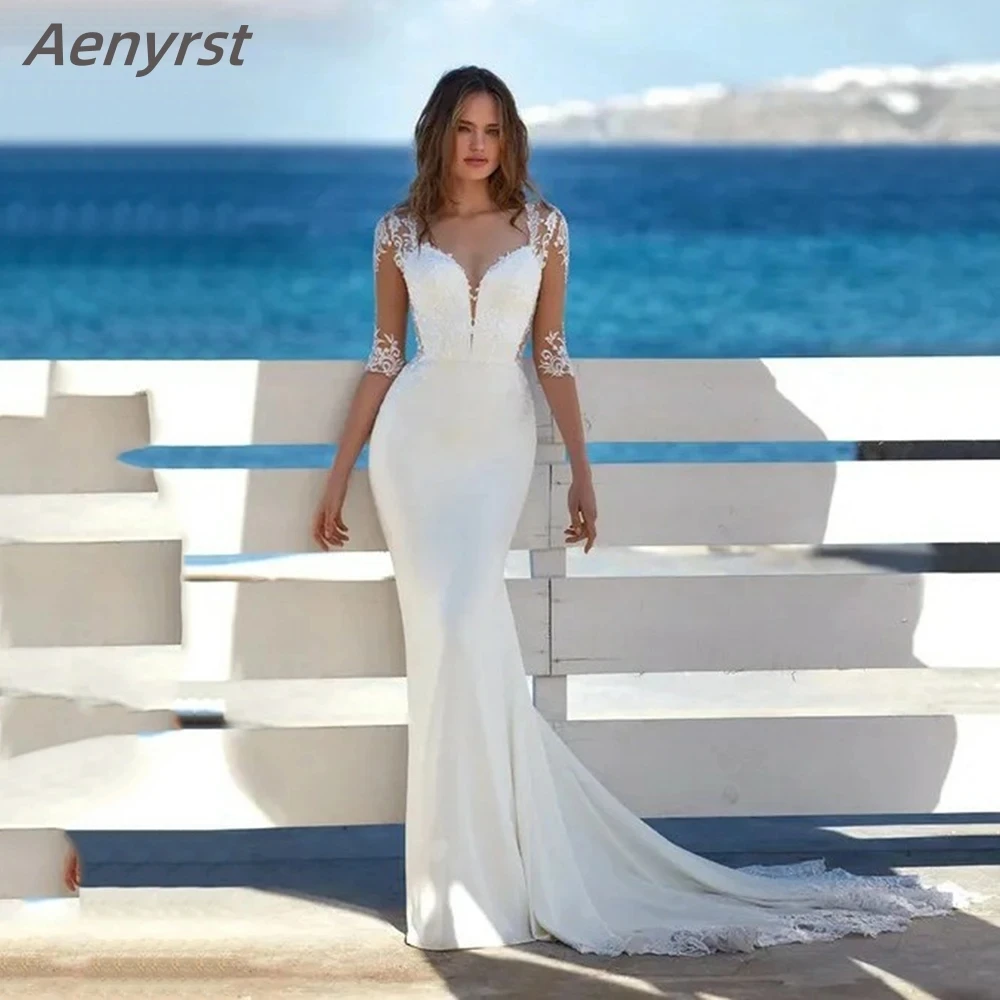 

Атласное свадебное платье Aenyrst в стиле бохо с юбкой-годе, коротким рукавом и V-образным вырезом, свадебное платье, свадебное платье со шлейфом