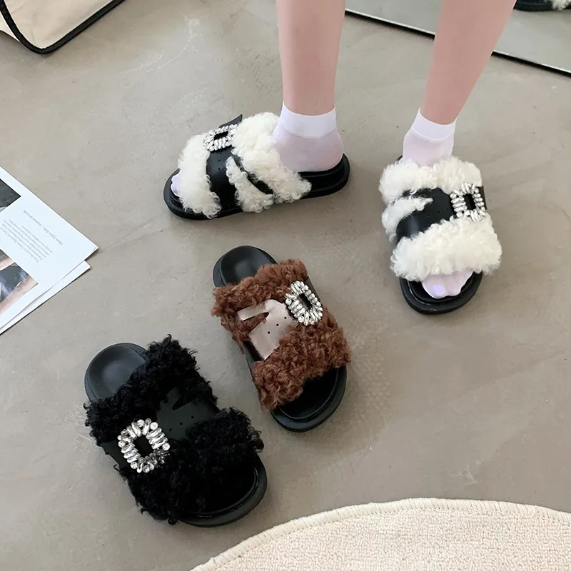 Crystal Buckle Belt Slides Women Luxury Fur Slippers Ladies Thick Sole Soft PU Footbed Korean Fashion Mule Sandals
Crystal Buckle Belt Slides Women Luxury Fur Slippers Ladies Thick Sole Soft PU Footbed Korean Fashion Mule Sandals