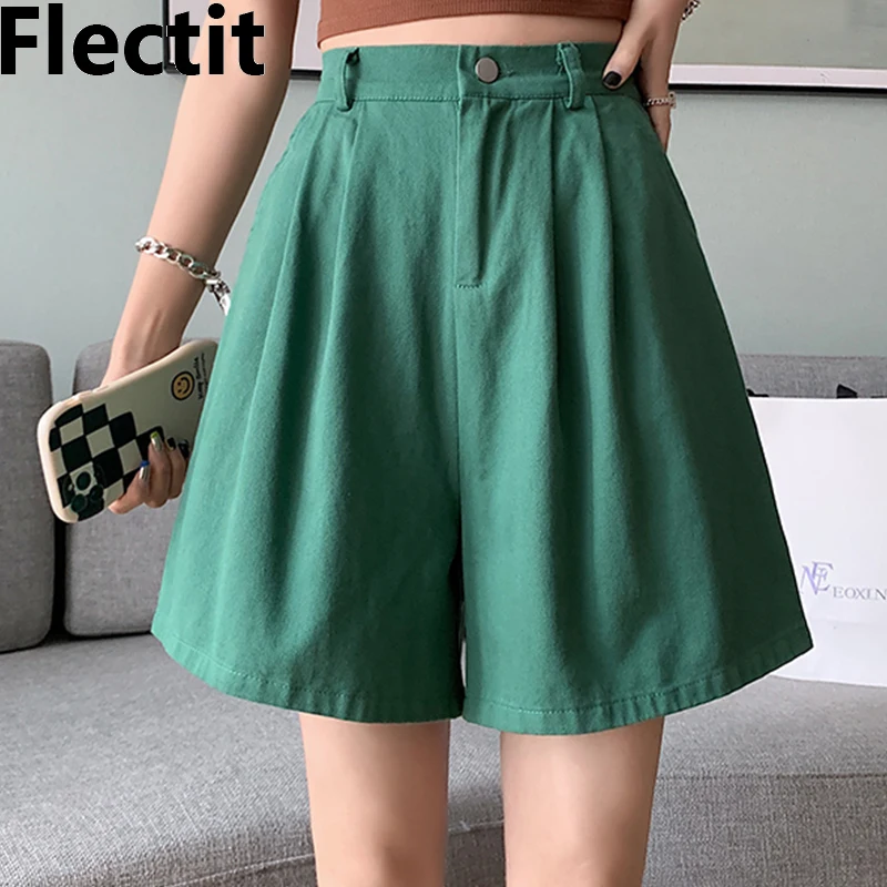 

Flectit Bermuda Shorts for Women High Waist Front Pleats Cotton Long Shorts Female Korean Fashion Outfit