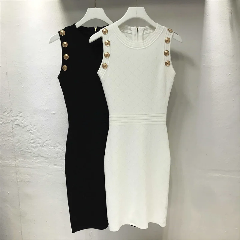 Casual White Black Knitted Dresses for Women 2022 Summer Luxury Designer Elegant Pencil Slim Dress Gold Buttons Robe Femme
Casual White Black Knitted Dresses for Women 2022 Summer Luxury Designer Elegant Pencil Slim Dress Gold Buttons Robe Femme