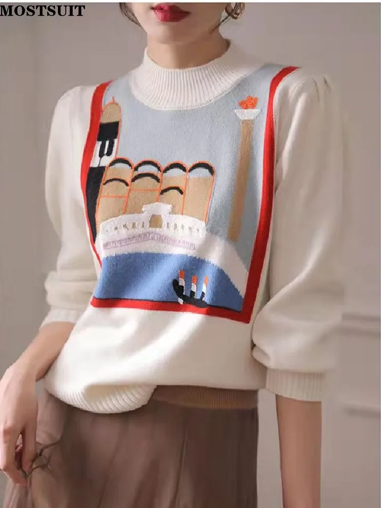 Cartoon Printed Long Sleeve Knitted Sweater Pullover For Women Fashion Loose All Match Half High Collar Elegant Tops Knitwear
Cartoon Printed Long Sleeve Knitted Sweater Pullover For Women Fashion Loose All Match Half High Collar Elegant Tops Knitwear
