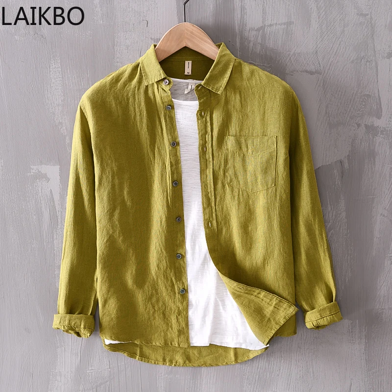 Рубашка Мужская льняная однотонная, модная Повседневная Удобная сорочка, чистый лен, зеленая 
Рубашка Мужская льняная однотонная, модная Повседневная Удобная сорочка, чистый лен, зеленая