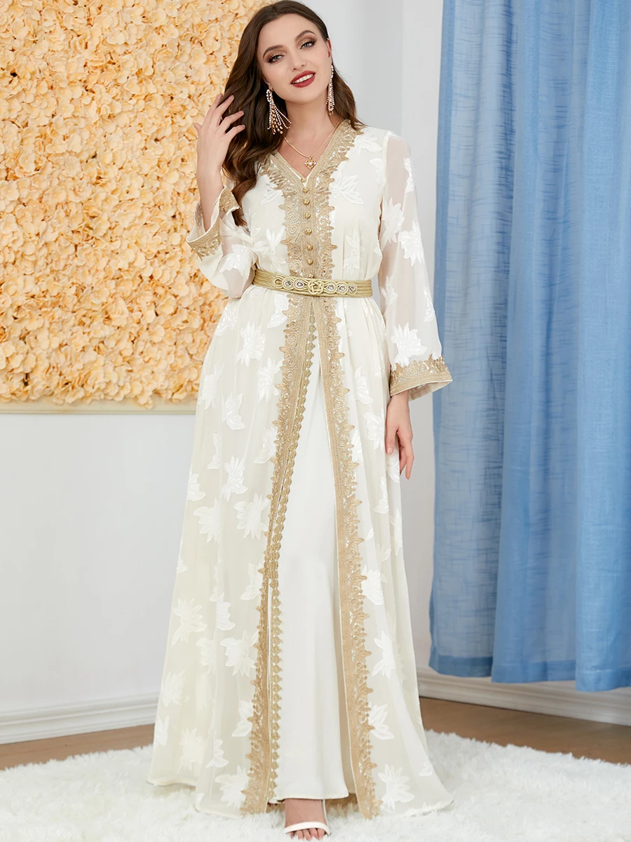 Elegant Casual Satin Women's Dresses Abayas For Women Muslim 2 Pieces Set Floral Embroidery Lace Insert Belted Turkey Kaftan
Elegant Casual Satin Women's Dresses Abayas For Women Muslim 2 Pieces Set Floral Embroidery Lace Insert Belted Turkey Kaftan