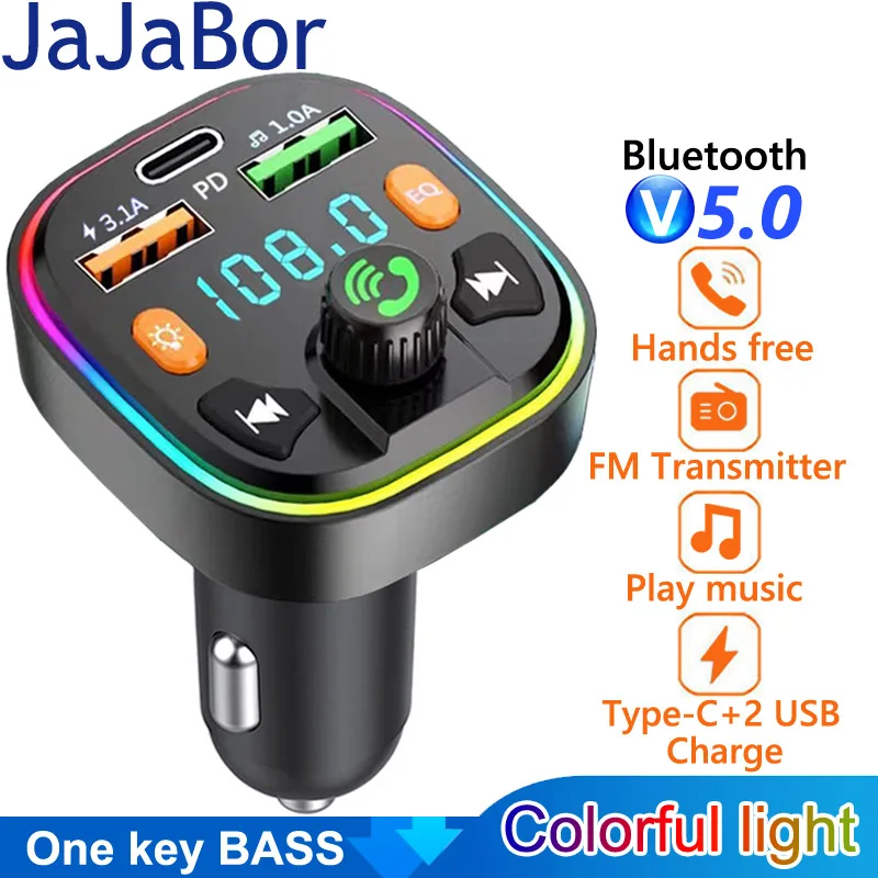 

JaJaBor FM Transmitter FM Modulator Type C 3.1A USB Fast Charging Car Charger Handsfree Bluetooth 5.0 Car Kit Mp3 Player