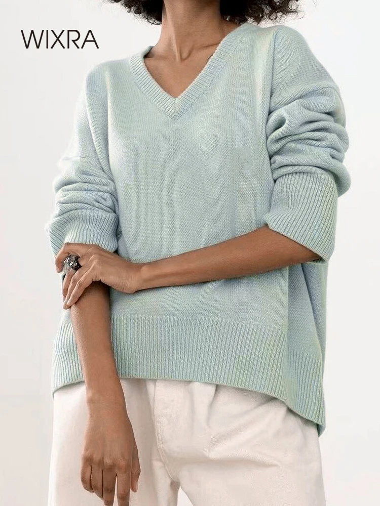 

Wixra V Neck Sweaters Women Pullover Femme Jumper Korean New Fashion Ladies Solid Knitwear Top 2021 Autumn Winter