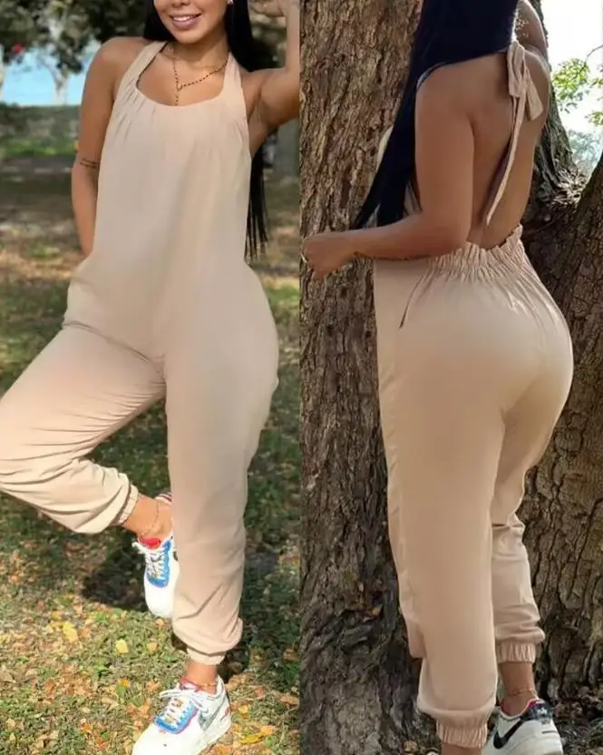 Fashionable Casual Women's Jumpsuit 2023 Summer Sexy Solid Color Lace Up Open Back Halter Pocket Design Women's Jumpsuit
Fashionable Casual Women's Jumpsuit 2023 Summer Sexy Solid Color Lace Up Open Back Halter Pocket Design Women's Jumpsuit