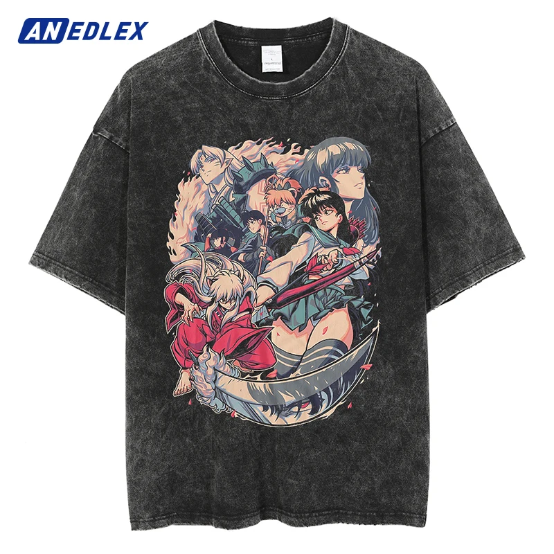

Винтажная футболка в стиле хип-хоп для мужчин, уличная одежда с принтом японского аниме и графическим принтом, промытая футболка в стиле Харадзюку, Повседневная рубашка с коротким рукавом, топы