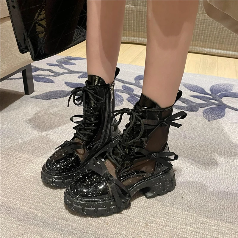 Ladies Ankle Boots Black Mesh Lace Up New Rock Shoes Bow Designer Platform Boots Gothic Chunky Heels Punk Botas Plataforma
Ladies Ankle Boots Black Mesh Lace Up New Rock Shoes Bow Designer Platform Boots Gothic Chunky Heels Punk Botas Plataforma