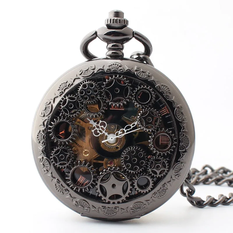 

5PCS Luxury Gear Hollow Mechanical Pocket Watch for Men Male Skeleton Steampunk Orologio Man Chain Watches Roman Numeral Clock