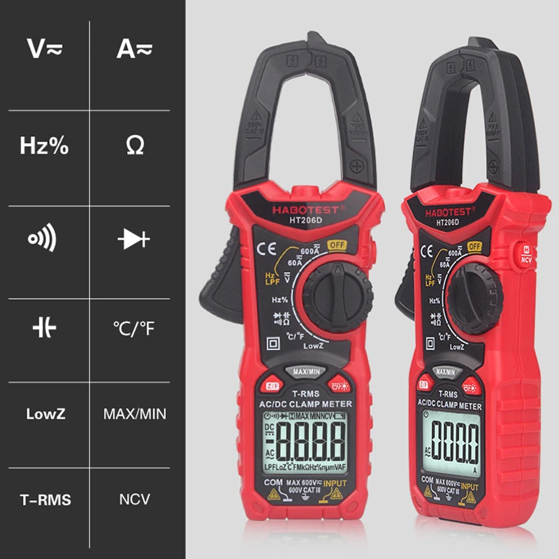 HT206A Digital Clamp Meter 600A AC DC Voltage Voltmeter Professional Electrical Tester Two-color Backlight With Leather Case
HT206A Digital Clamp Meter 600A AC DC Voltage Voltmeter Professional Electrical Tester Two-color Backlight With Leather Case