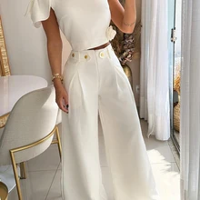 D​rauuing 2 Pieces Sets Women Sleeveless Tee And Wide Leg Pant Outfits Casual Summer 2 Pieces Pant Sets Casual Suits Women